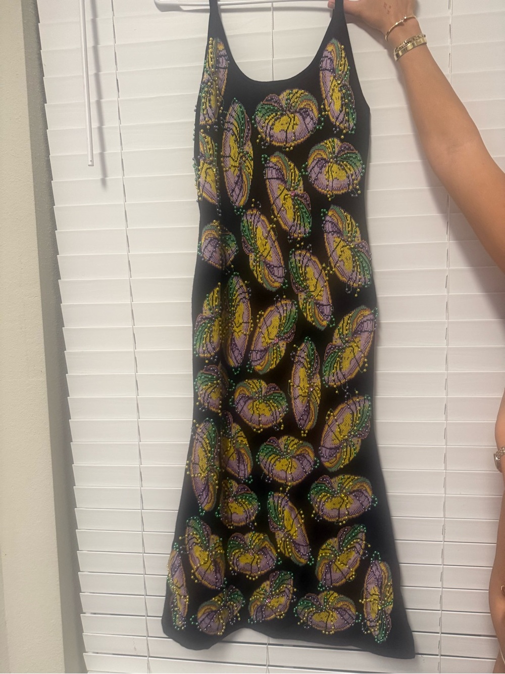 QUEEN OF SPARKLES Black Slip Dress with Purple, Yellow & Green Beaded Motif